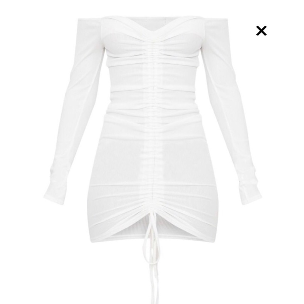 White Ribbed Long Sleeve Ruched Bodycon Dress